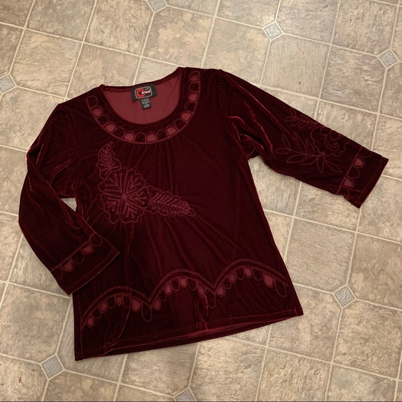 Cherry Krave Crushed Velvet/Velour Deep Red Shirt - Picture 2 of 9